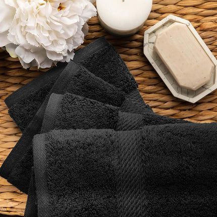 Lot de 4 serviettes à main supérieures en coton égyptien, serviettes de luxe ultra douces, essentiels épais et moelleux, absorbantes et lourdes, pour salle de bain d'invités, hôtel, spa, salle de bain à domicile, essentiels de douche, noir
