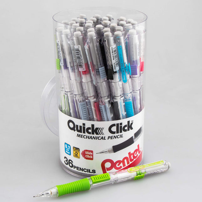 Portaminas Pentel Quick Click, línea media (0.7 mm), bote, colores surtidos (A/D/N/P/S/V), paquete de 36 (PD217PC36M)