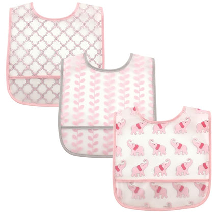 Luvable Friends 3 Piece Waterproof Bibs with Crumb Catcher, Pink Elephant