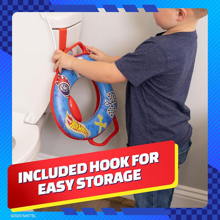 Hot Wheels Soft Potty Training Seat for Toilet with Storage Hook, Non-Slip Potty Ring with Splash Guard, Built-in Handles for Toddlers