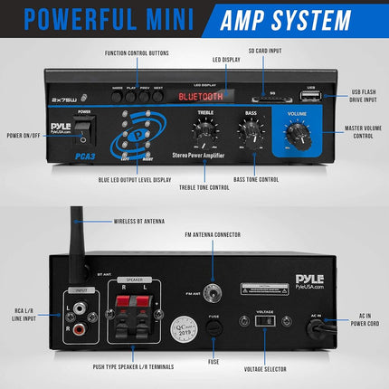 Home Audio Power Amplifier System - 2X75W Mini Dual Channel Sound Stereo Receiver Box w/ LED - For Amplified Speakers, CD Player, Theater via 3.5mm RCA - For Studio, Home Use - PYLE PCA3, Black, One Size