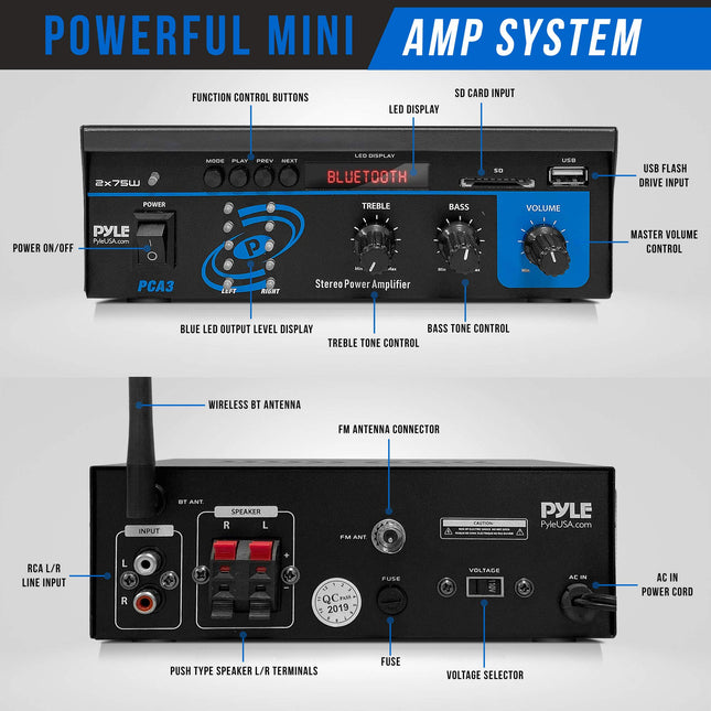 Home Audio Power Amplifier System - 2X75W Mini Dual Channel Sound Stereo Receiver Box w/ LED - For Amplified Speakers, CD Player, Theater via 3.5mm RCA - For Studio, Home Use - PYLE PCA3, Black, One Size