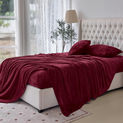 Elegant Comfort Luxuriously Soft 4-Piece Velvet Plush Flannel Sheet Set - Premium Quality - Cozy Warm, Anti-Static, Non Pilling Fuzzy Velvet Flannel Fleece Deep Pocket Sheet Set - King, Burgundy