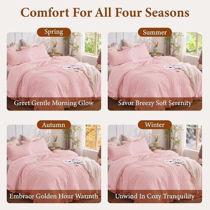 JOLLYVOGUE Seersucker Comforter Set, 3 Pieces Bed in a Bag Comforter Set, Lightweight & Fluffy Bedding Sets for All Season with 1 Ruffle Comforter and 2 Ruffle Pillowshams, King, Pink