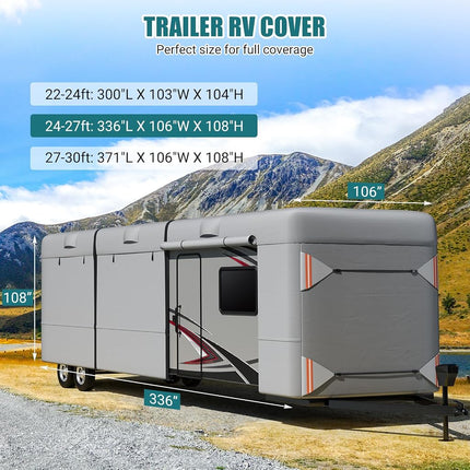 24-27ft Rv Cover, Upgraded Windproof Waterproof Camper Cover, Heavy Duty Travel Trailer Cover with Gutter Cover, Tire Cover, Reflective Strip, Rich Accessories