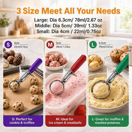 Cookie Scoop Set, Ice Cream Scoop Set, 3 PCS Ice Cream Scoops Trigger Include Large Medium Small Size Cookie Scoop, Polishing Stainless Steel 18/8 Melon Scooper - Elegant Package