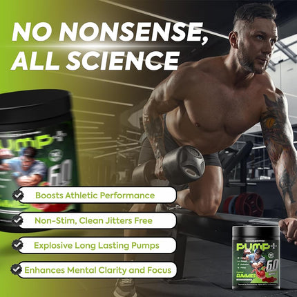 PUMP Pre Workout Gummies - Non-Stim, Caffeine-Free Energy & Focus Formula with Creatine, Paraxanthine, Beta-Alanine & Alpha GPC - Strawberry, 60 Gummies (30 Servings) - Vegan Pre-Workout Supplement for Men & Women