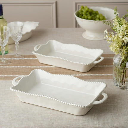 Perlette Cream Large Rectangular Ceramic Baker – 19 x 10 Inch Scalloped Oven-to-Table Stoneware Bakeware with Beaded Rim – Elegant Farmhouse Bake Dish for Lasagna, Casseroles, and Hosting