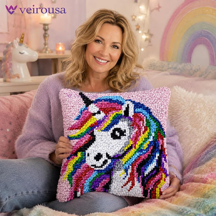 Fantasy Unicorn Latch Hook Kits for Adults Kids, Beginners DIY Throw Pillow Kit Pre-Printed Pillowcase Hook and Latch Rug Kits Cross-Stitch Cushion Cover for Home Sofa Decor Gift Idea 17x17 inch