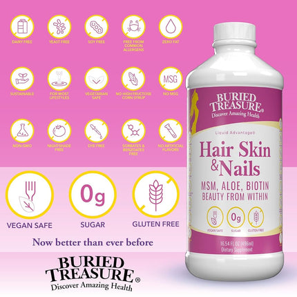 Cabello, Piel y Uñas Buried Treasure con MSM Biotina Aloe Vera más Vitaminas y Minerales en un Complejo Líquido de Alimentos Integrales de Alta Potencia para un Cabello Más Abundante, Uñas Más Fuertes y Piel Más Clara 16 oz
