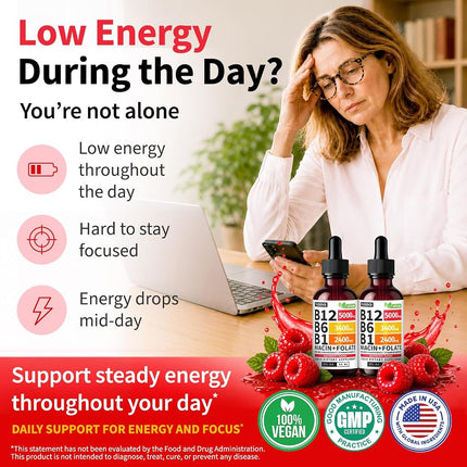 (2 Pack) Vitamin B12 and B6 Liquid Drops, B12 Sublingual Vitamin B Complex - B 12 Vitamin 5000mcg - B12 Methylcobalamin for Energy, Brain, and Heart Support with 27,200 mcg, Raspberry, 80 Servings