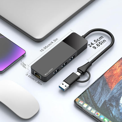 ALL-LUCKY USB to Ethernet Adapter, 4 in 1 USB C to Ethernet Adapter Hub with 3 x USB 3.0 Port/Gigabit Internet Port, High-Speed Network Hub Compatible for iMac,MacBook Pro
