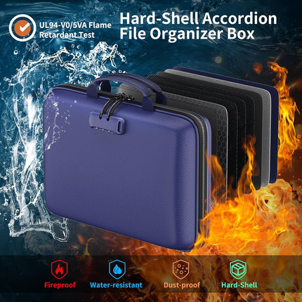 DocSafe Fireproof File Organizer with Lock, Hard-Shell Case Fireproof Document Box with 13 Pocket Accordion File Folder, Portable Home Office Travel Safe Storage for Important Documents Laptop Blue