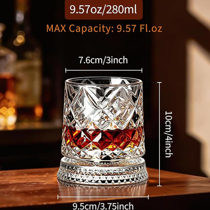 CEEFU Old Fashioned Whiskey Glasses with 360° Rotating Base, Set of 2 (2 Crystal Glasses Set, 2 Big Ice Ball Molds) In Gift Box - Bourbon, Cocktail, Rocks, Bday Gifts Ideas for Men, Ice Crackle
