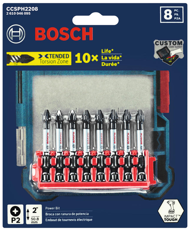 BOSCH CCSPH2208 8-Pack 2 in. Impact Tough Phillips P2 Power Bits with Clip for Custom Case System