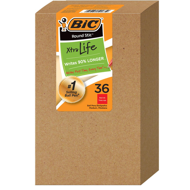 BIC Round Stic Xtra Life Red Ballpoint Pens, Mediu