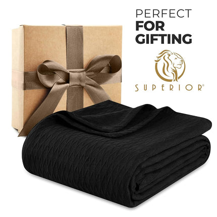 Superior 100% Cotton Thermal Blanket, Soft and Breathable Cotton for All Seasons, Bed Blanket and Oversized Throw Blanket with Luxurious Diamond Weave - Full/Queen Size, Black