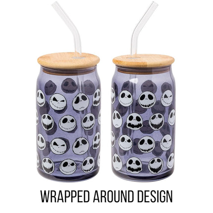 Silver Buffalo Disney Tim Burton Nightmare Before Christmas Jack Skellington Expressions Gray Glass Jar Tumbler with Bamboo Lid and Glass Straw, 16 Ounces