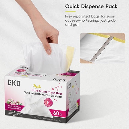 EKO 40-60L Drawstring Bin Liners, 60 Count Floral Rubbish Bags, Code F