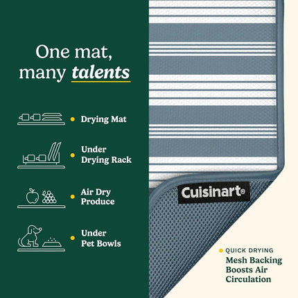 Cuisinart Dish Drying Mats for Kitchen Counter - (2) 16" x 18" Ultra Absorbent Kitchen Dish Drying Mat - Mesh Backing, Foldable, Machine Washable, Fast Drying Dish Mat (Solid Stripes)