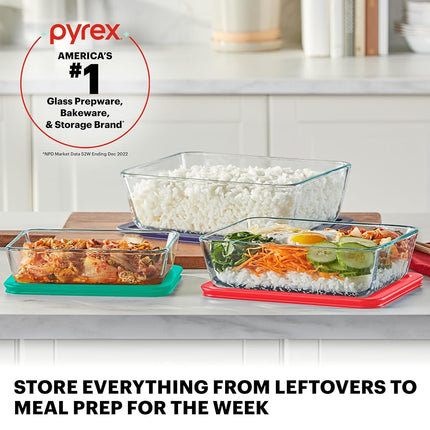 Pyrex Simply Store Rectangular Glass Food Containers – Durable Tempered Glass, Dishwasher Freezer Microwave Oven Safe – Multi-Coloured Lids, 10 Piece Set, 3, 6 and 11-Cup Capacity