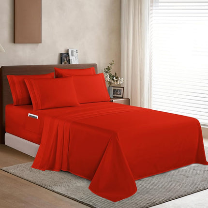 Elegant Comfort 1500 Premium Quality 6-Piece Bed Sheet Set - 18-24 Inch Extra Deep Pocket, Smart Storage Pockets, Wrinkle Free Ultra Soft 6PC Extra Deep Pocket Sheets, Queen, Red
