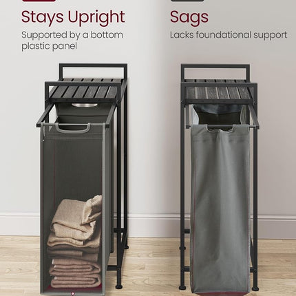 VASAGLE Laundry Basket, Slim Laundry Hamper, Laundry Sorter with a Separable and Removable Bag, Shelf, Metal Frame, 42 x 28 x 75 cm, Slate Grey &