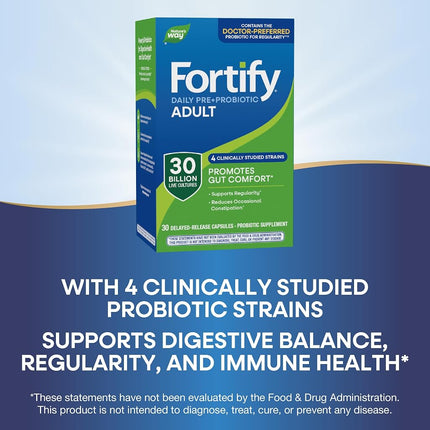 Nature's Way Primadophilus Fortify Daily Probiotic, 30 Billion Active Cultures, Acidophilus, Guaranteed Potency, Researched Strains, Delayed Release, 30 Vegetarian Capsules, Gluten-Free