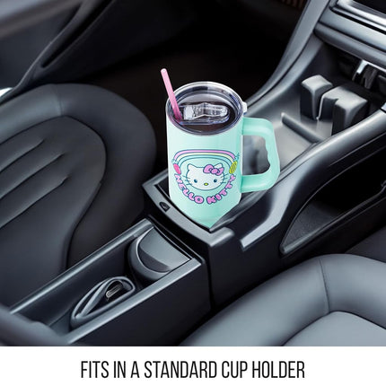 Silver Buffalo Sanrio Hello Kitty Kawaii Strawberry, Pineapple, and Rainbows Stainless Steel Tumbler with Handle and Straw, Fits in Standard Cup Holder, 40 Ounces