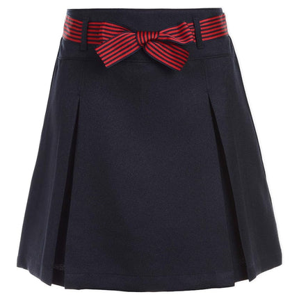 Nautica Girls' School Uniform Pleated Pull-on Scooter Skirt with Undershorts, Knit Waistband, Navy/Striped Belt, 14 Plus