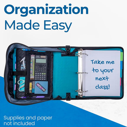 Case-it The Mighty Zip Tab Zipper Binder - 3 Inch O-Rings - 5 Color Tab Expanding File Folder - Multiple Pockets - 600 Sheet Capacity - Comes with Shoulder Strap - Aqua Marine D-146