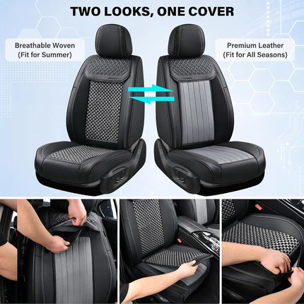 Coverado Leather Seat Covers for Car, Waterproof Car Seat Covers Full Set, 2 in 1 Conversions Car Seat Cover Protector Car Accessories Universal Fit for Most Cars SUVs and Trucks（Black&Gray