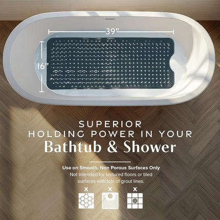 SlipX Solutions Power Grip Extra Long Bath Tub & Shower Mat 39x16, Wet Floor Non-Slip for Elderly & Kids Bathroom, 30% Longer Bathtub Mats, Over 200 Suction Cups, Drain Holes (1, Solid Black)