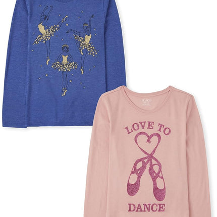 The Children's Place Girls' Assorted Everyday Long Sleeve Graphic T-Shirts, Multipack, Ballerinas/Love to Dance, X-Large