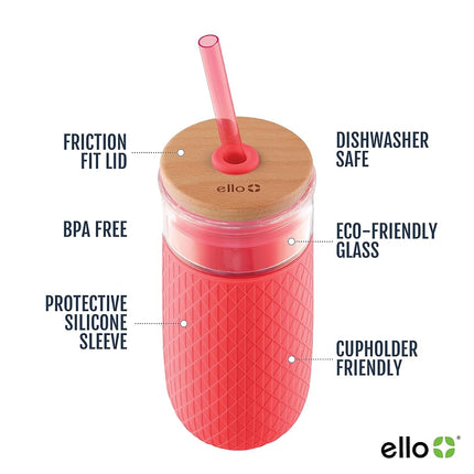 Gobelet en verre Ello Devon avec manchon protecteur en silicone anti-transpiration et couvercle en bois étanche avec paille, 532 ml