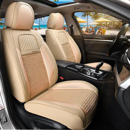 Coverado Car Seat Covers Front Seats, Waterproof Front Seat Covers Nappa Leather Seat Covers for Cars, Breathable Summer Car Seat Cushion Universal Fit for Most Cars SUV Trucks(Front, Beige)