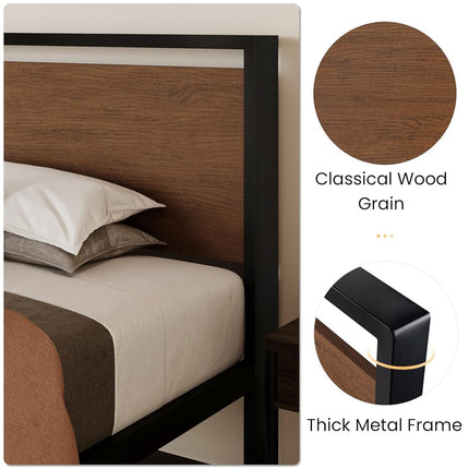 SHA CERLIN 14 Inch Twin Size Metal Platform Bed Frame with Wooden Headboard and Footboard, Mattress Foundation, No Box Spring Needed, Large Under Bed Storage, Heavy Duty Slats Support, Walnut