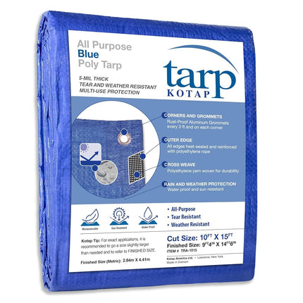 Kotap 10 x 15 Ft. All-Purpose Multi-Use Protection/Coverage 5-mil Poly Tarp, Waterproof, Blue, (TRA-1015)