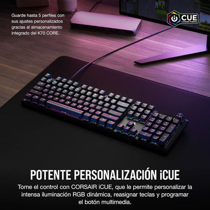 CORSAIR K70 CORE RGB Mechanical Wired Gaming Keyboard with Palmrest – Pre-Lubed MLX Red Linear Switches, SOCD, ABS Double-Shot Keycaps, Sound Dampening, Media Control Dial, QWERTY NA – Black
