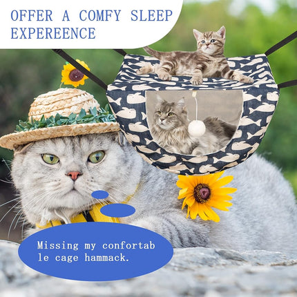 JSPYFITS Cat Cage Hammock with Ball,Double Layer Hanging Adjustable Soft Pet Bed Suit for Kitten Ferret Puppy Rabbit or Small Pet, 2 Level Indoor Bed for All Season(Blue Whale)