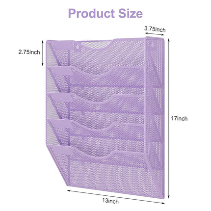 EasyPAG Wall File Organizer 5 Tier Hanging Paper Folder Holder, Zero Assembly Metal Mesh Wall Mounted Mail Organizer for Office Home Classroom Narrow Spaces, Puple