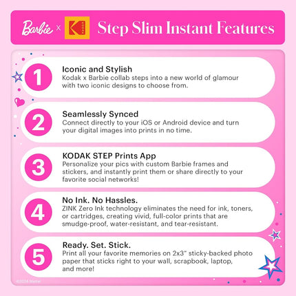 KODAK x Barbie Instant Smartphone Portable Photo Printer, Full Color, Wireless, Zink 2x3” (5.1x7.5 cm) Sticky-Back Photos, Print from iOS & Android Devices with Fun Editing App, Iconic Style