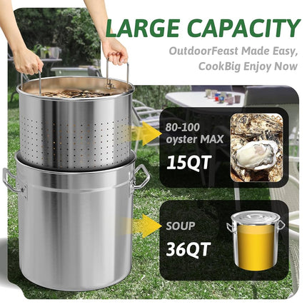 Olla de acero inoxidable de 36 cuartos para cocer mariscos con tapa, para cangrejo, langosta, camarones, con colador, olla para freír pavo, olla profunda para caldo, freidora para uso comercial en exteriores