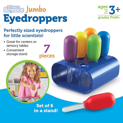 Learning Resources Jumbo Colorful Eyedroppers - Set of 6 with Stand, Ages 3+, Science Class Tools, Preschool Science, Sensory Accessories,Droppers for Kids, Back to School Supplies