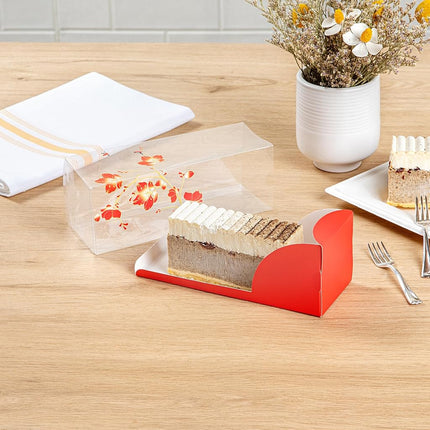 Restaurantware-7 Inch x 2.5 Inch Clear Dessert Boxes, 100 Red Paper Sleeve Transparent Candy Boxes - Bird Accent, No Grease Lining, Clear Plastic Clear Favor Boxes, Crack Resistant, Disposable
