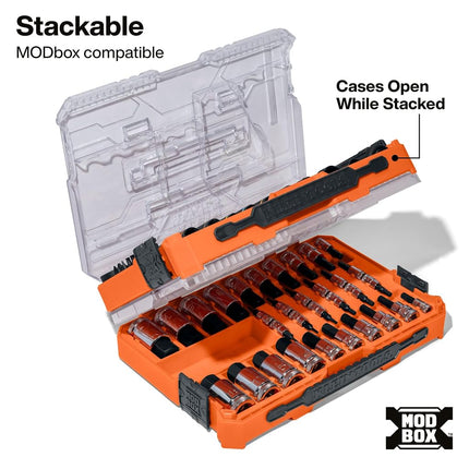 Klein Tools 65233HEX Hex Bit Socket Set, 1/4, 3/8, 1/2-Inch Drives, Knurled, SAE (5/64 to 3/4 inch) and Metric (2 to 19mm) with MODbox Case, 32-Piece