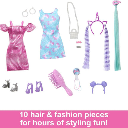 Barbie Doll, Fun & Fancy Hair with Extra-Long Colorful Black Hair and Shimmery Pink Dress, 10 Hair and Fashion Play Accessories, JDC86