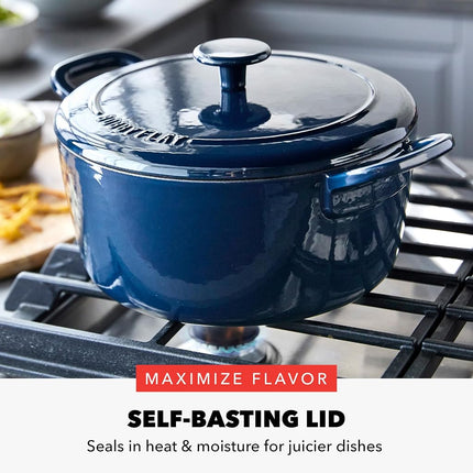 GreenPan by Bobby Flay 5.5QT Enameled Cast Iron Round Dutch Oven with Lid, Dual Handles, Oven Safe to 500F & Induction Suitable, Self Basting Lid, Ultra-Durable, Sear, Braising, Bread, Stews, Cobalt