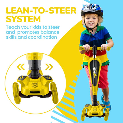Hurtle 3 Wheeled Scooter for Kids - 2-in-1 Sit/Stand Child Toddlers Toy Kick Scooters w/Flip-Out Seat, Adjustable Height, Flashing Wheel Lights, Great for Indoor/Outdoor Fun, Yellow