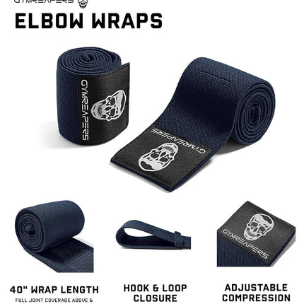 Gymreapers Weightlifting Elbow Wraps (1 Pair) - Flexible 40'' Elbow Compression Strap & Joint Support Brace - for Bench Press, Powerlifting, and Pressing (Navy)